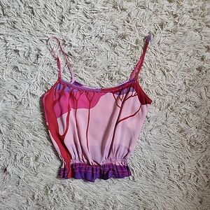 Petro Zillia 100% Silk Vintage Blouse Cami Pink Purple Funky Cool Crop Camisole